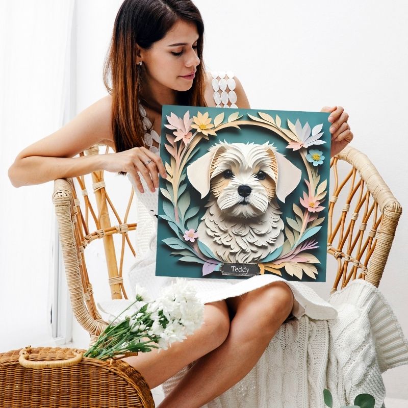 Maltese Dog Floral Art - 3D Illusion Dog Portrait - Custom Pet Wall Decor