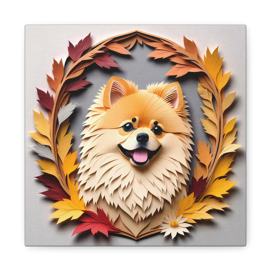 Fluffy Pomeranian with Autumn Leaves Canvas Wall Art - Personalized Faux Papercut Style Print