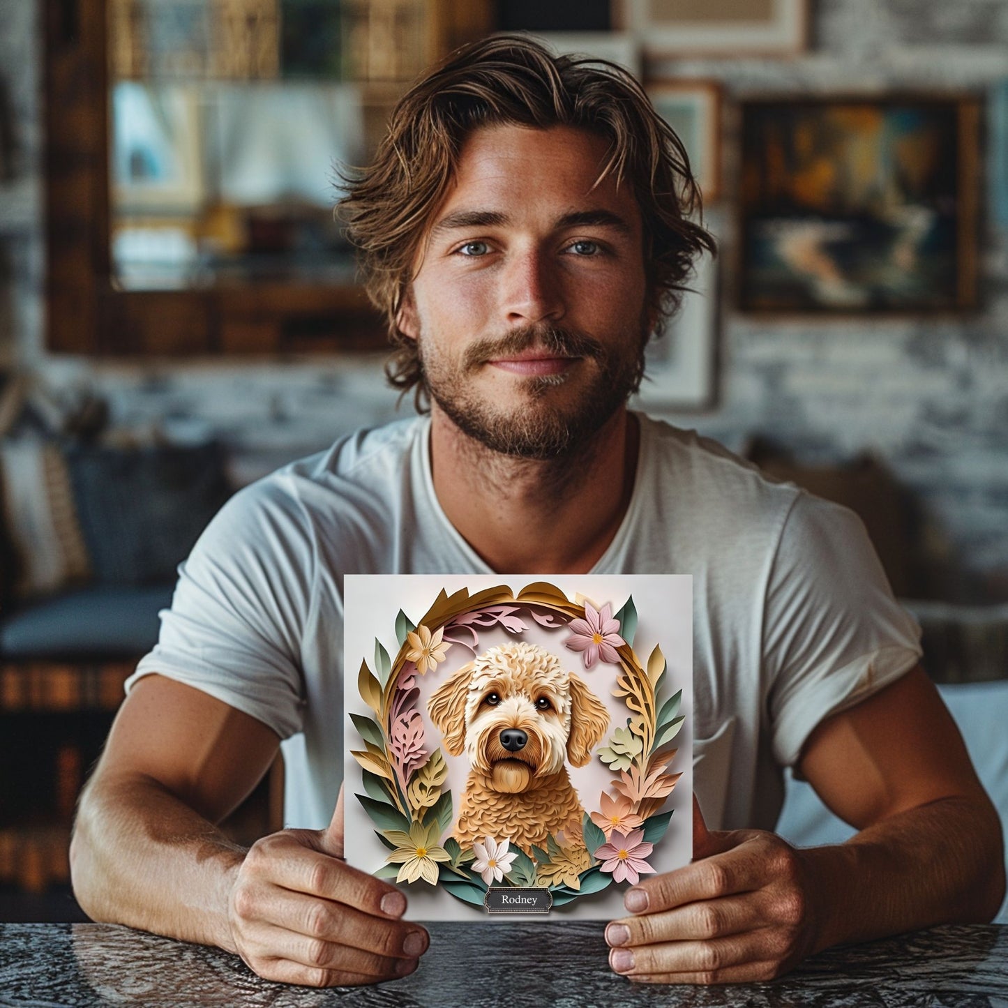 Labradoodle or Golden Doodle Portrait Floral Art -  3D Illusion Canvas Print With Name Personalization