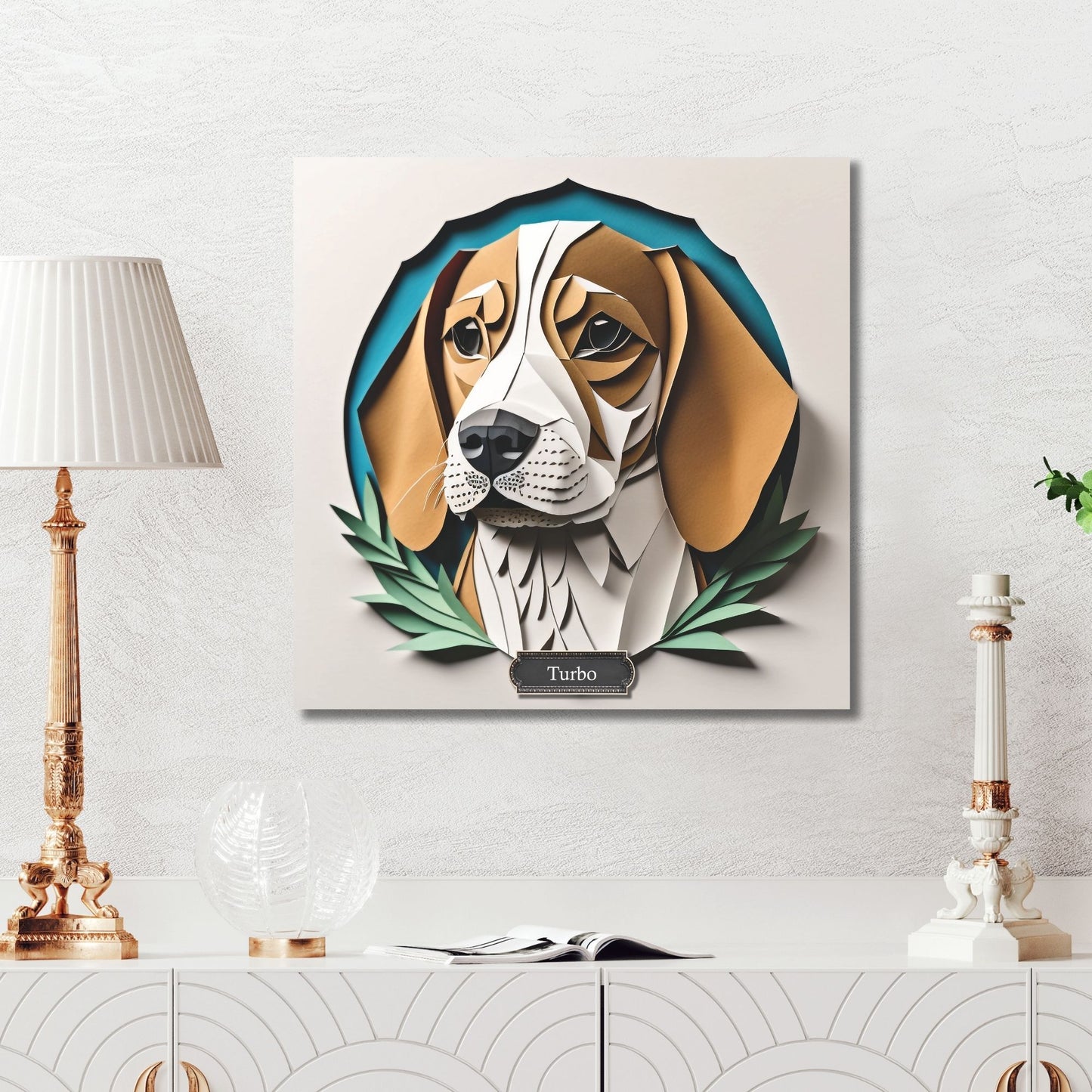 Classic Beagle Canvas Wrap, Beagle Portrait Print Imitating Papercut Art with Name Personalization, Beagle Lover Perfect Gift