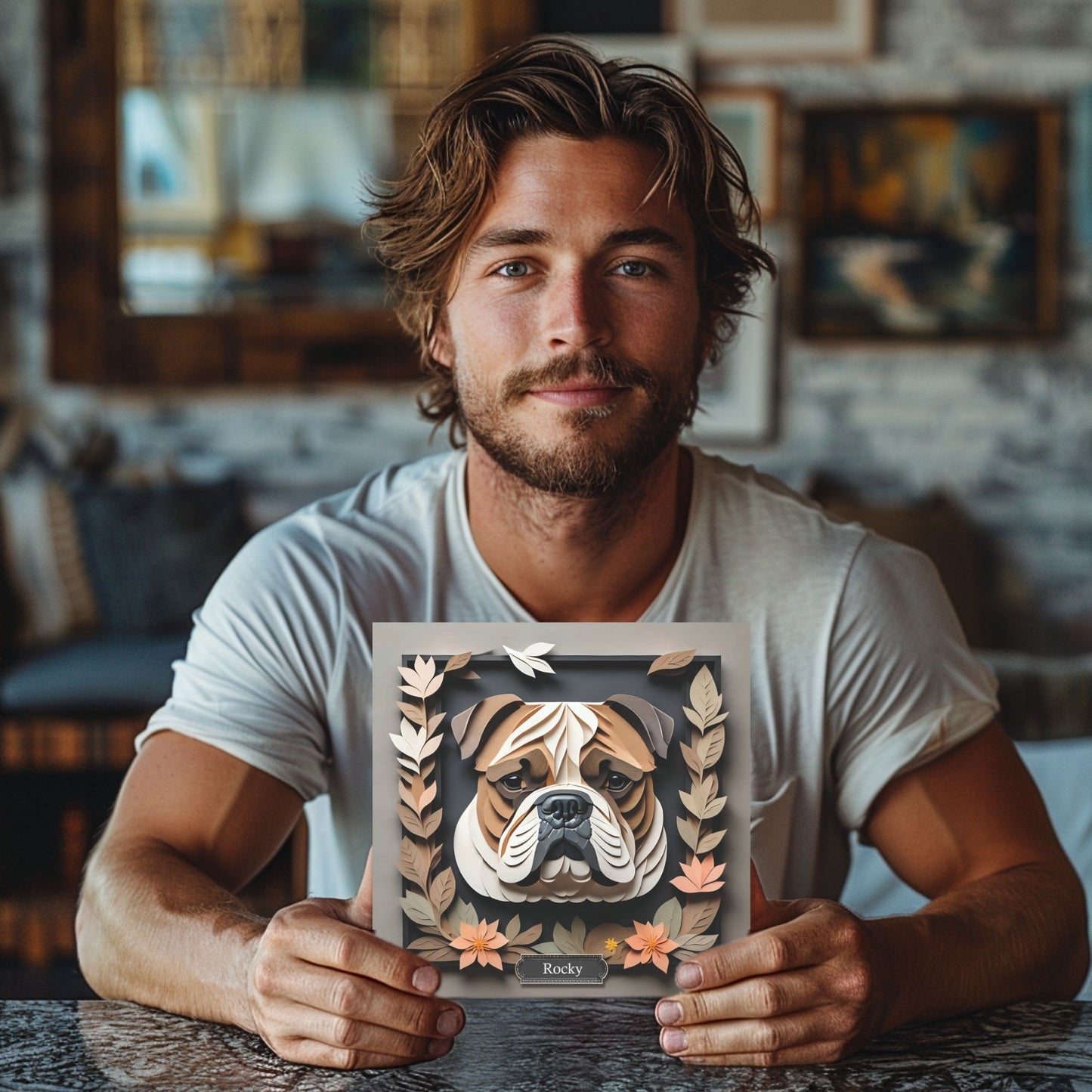 3D Illusion English Bulldog Art - Beige & Black Framed Canvas with Pastel Leaves