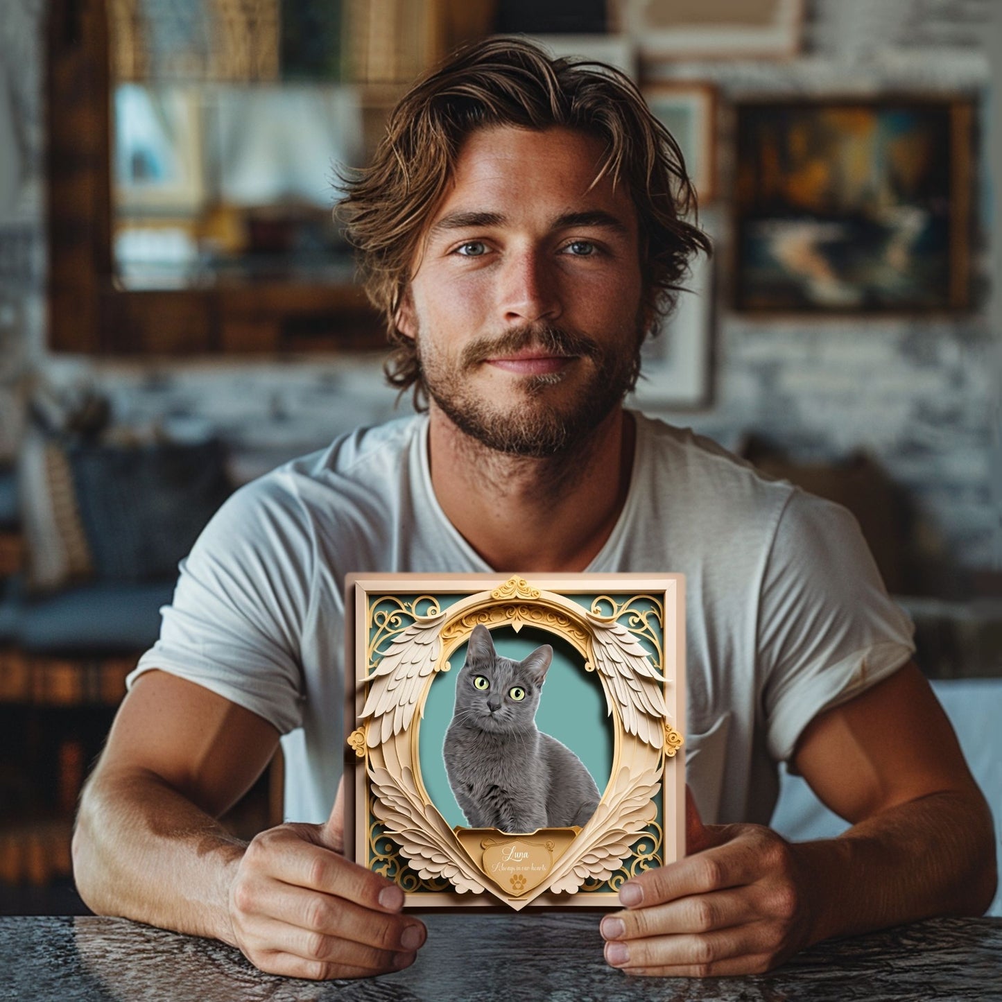 Custom Memorial Pet Portrait - Wings Down Golden and Teal Design