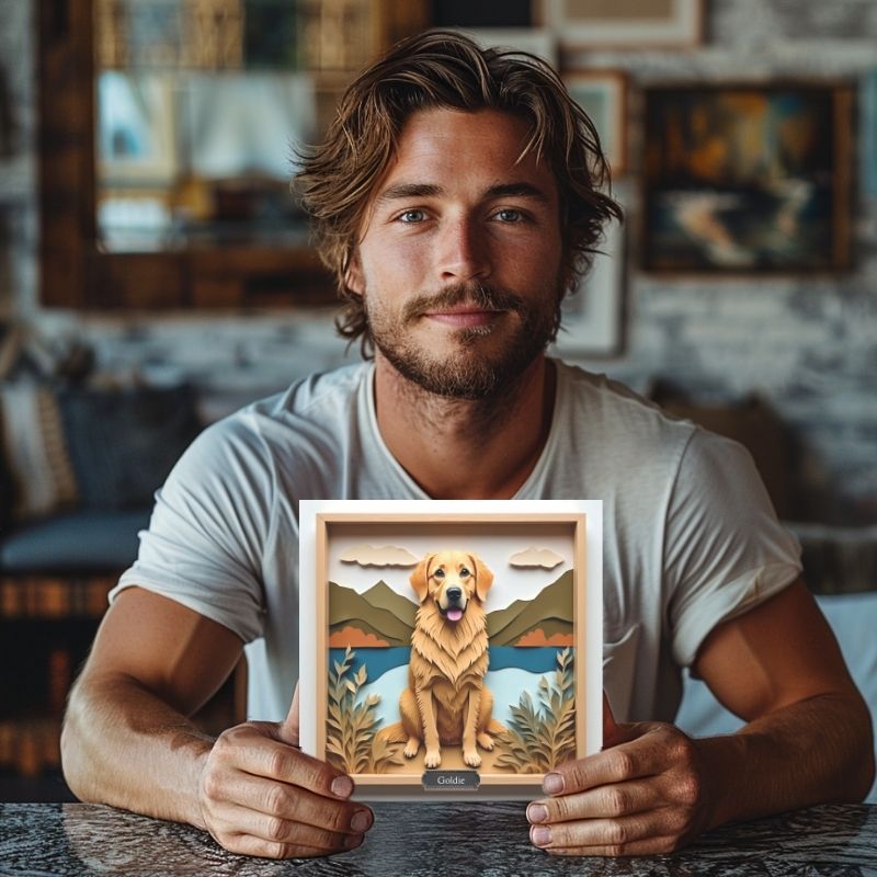 Golden Retriever Lake Wall Art with Custom Dog Name - Mountain Scene Personalized Pet Portrait
