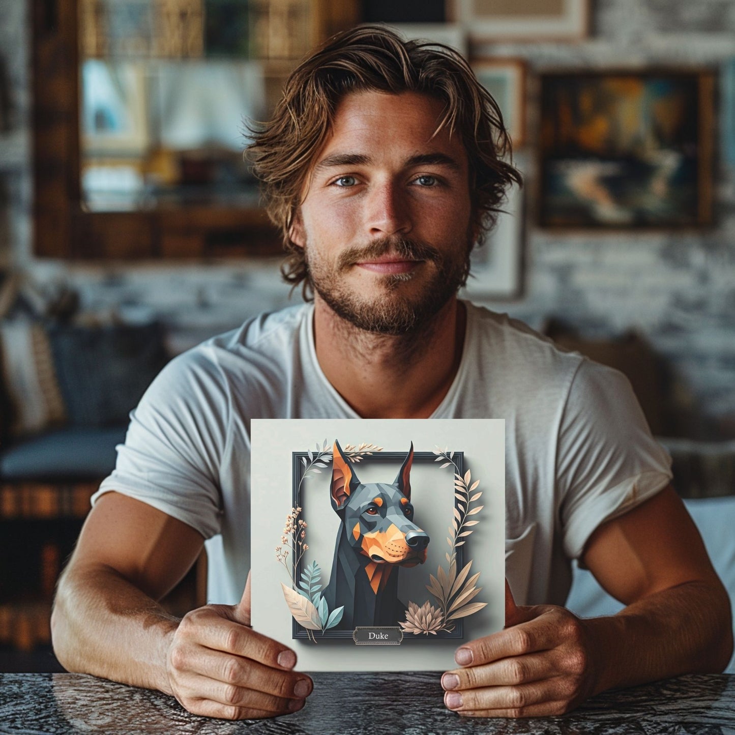 Doberman Portrait Wall Art with Botanical Frame - Unique Pet Memorial Home Decor