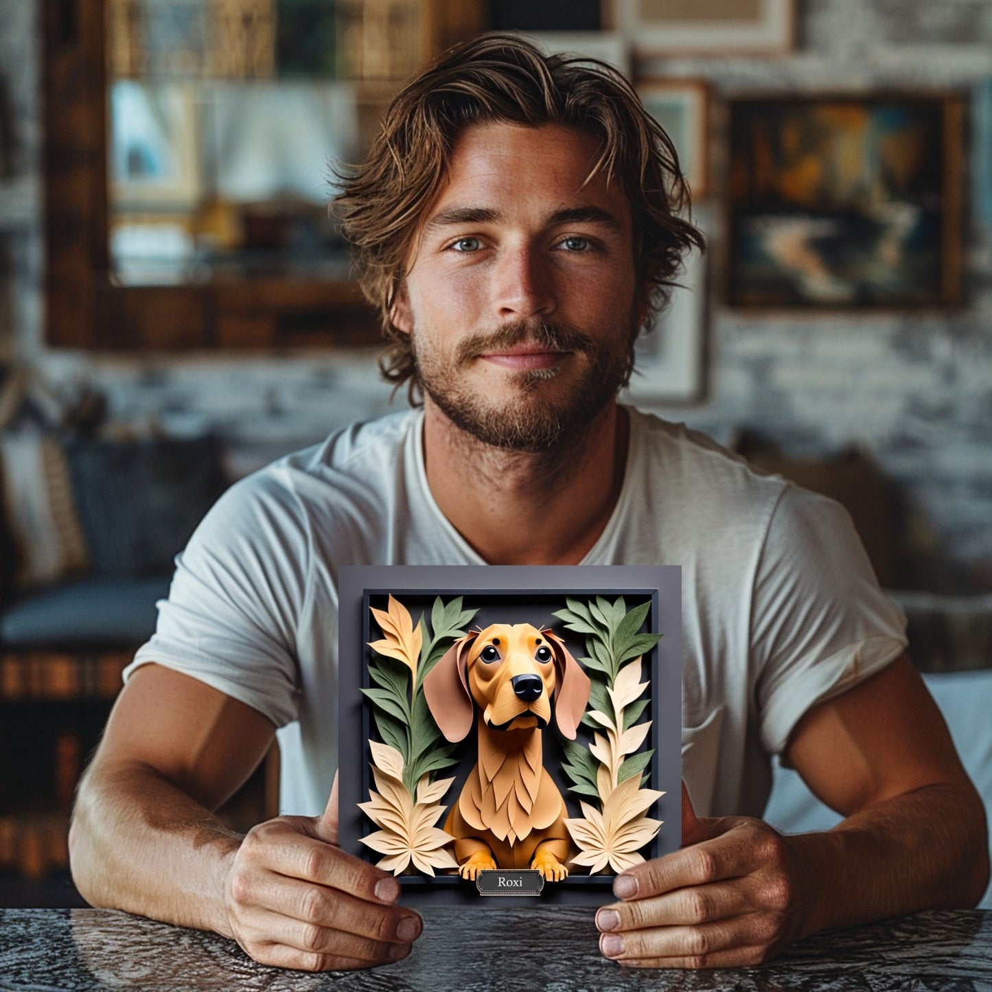 Brown Dachshund Floral Frame Wall Art -  3D Illusion Dog Portrait Canvas