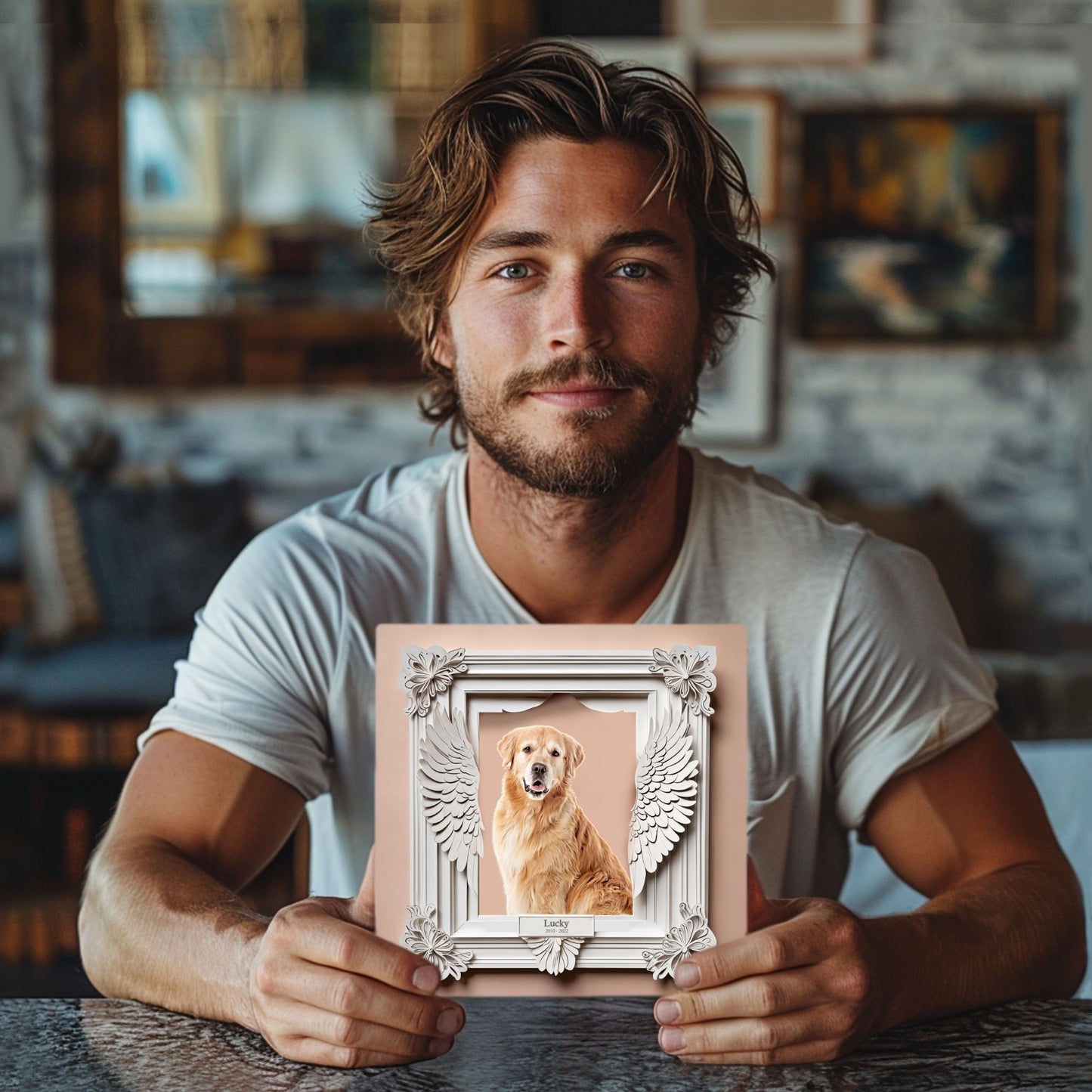 Custom Memorial Pet Portrait - Antique White Wings Frame