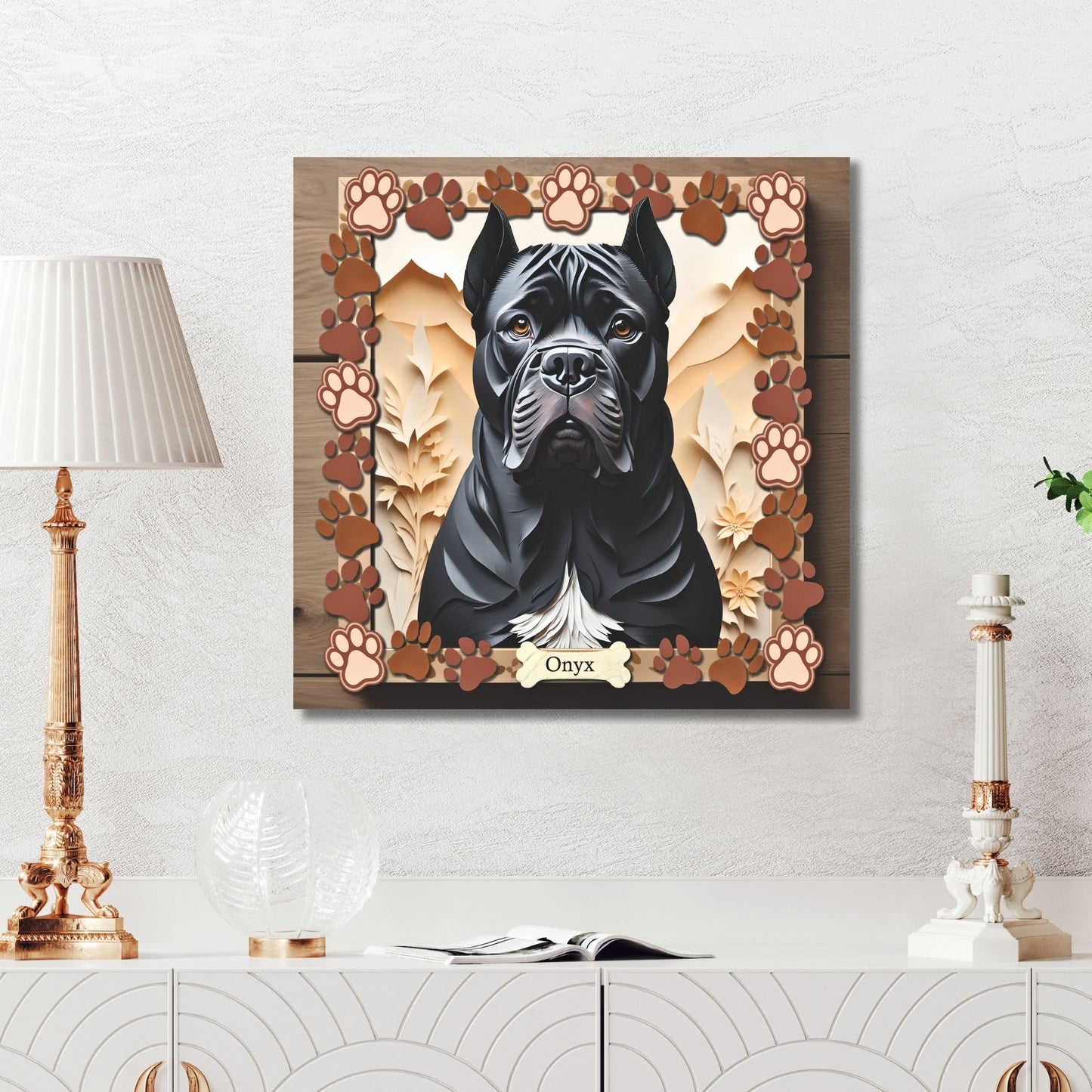Black Cane Corso Paw Print Portrait - 3D Illusion Canvas Print - Cane Corso Mom or Dad Gift