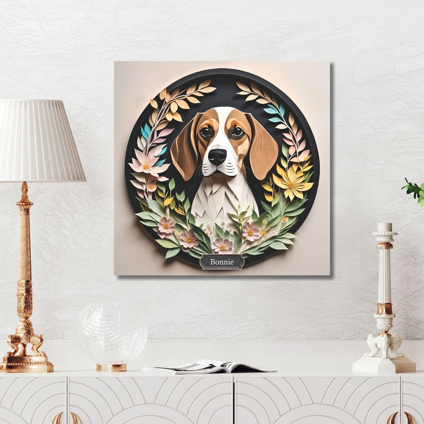 Beagle Portrait in Circular Vignette with Name Personalization, Beagle Lover Perfect Gift, Unique Beagle Mom Dad Gift, Beagle Memorial