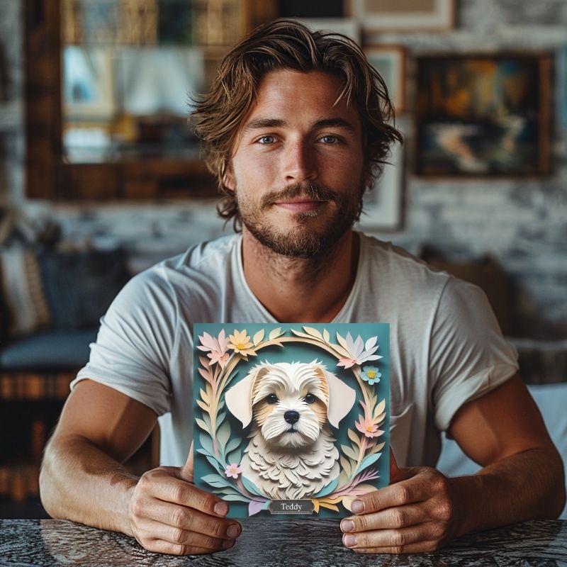 Maltese Dog Floral Art - 3D Illusion Dog Portrait - Custom Pet Wall Decor