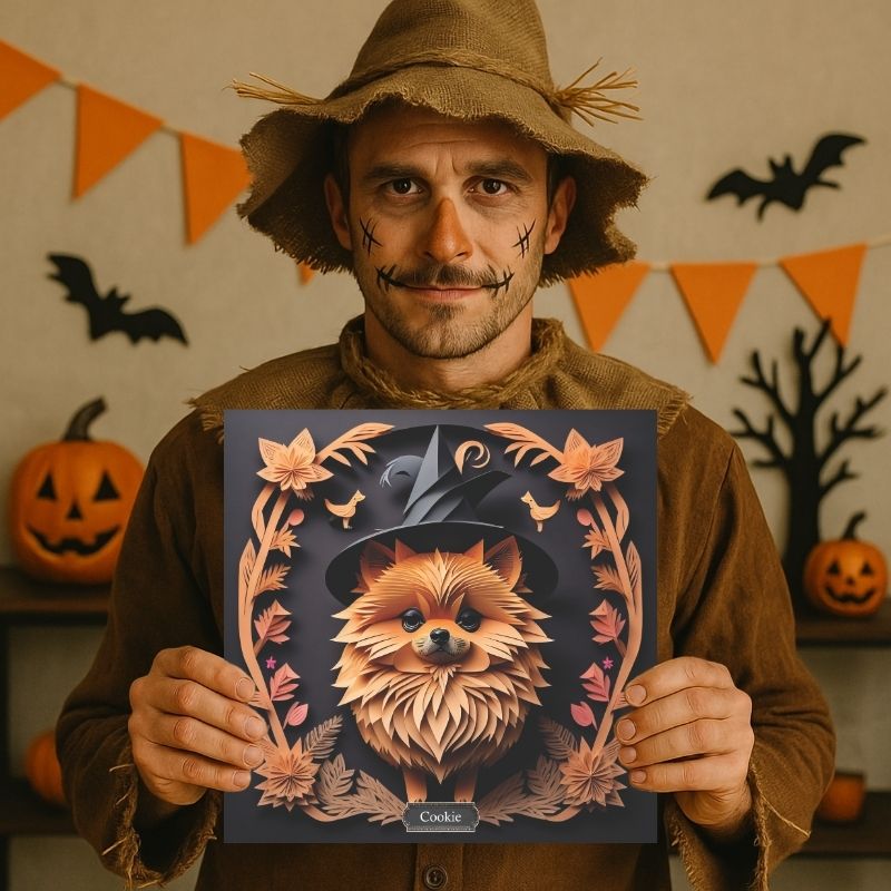 Halloween Pomeranian Wall Art -  Faux Papercut Style Decor
