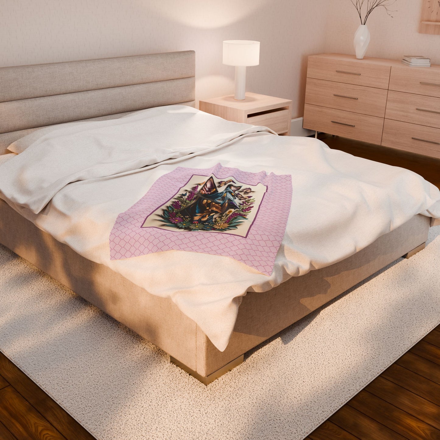Doberman Portrait with Butterflies Velveteen Plush Blanket - Doberman Lover Throw Blanket