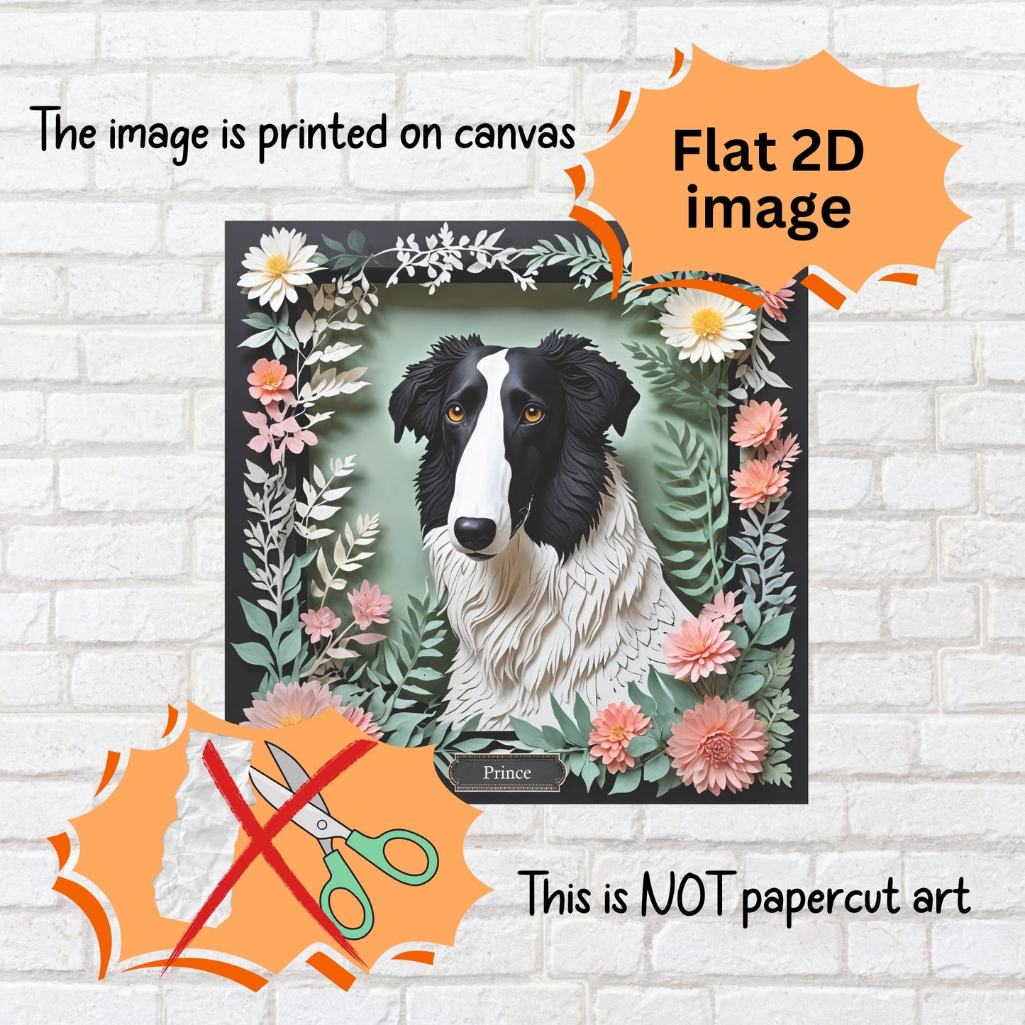 Floral Borzoi Canvas Print – Black & White Dog Portrait with Botanical Frame