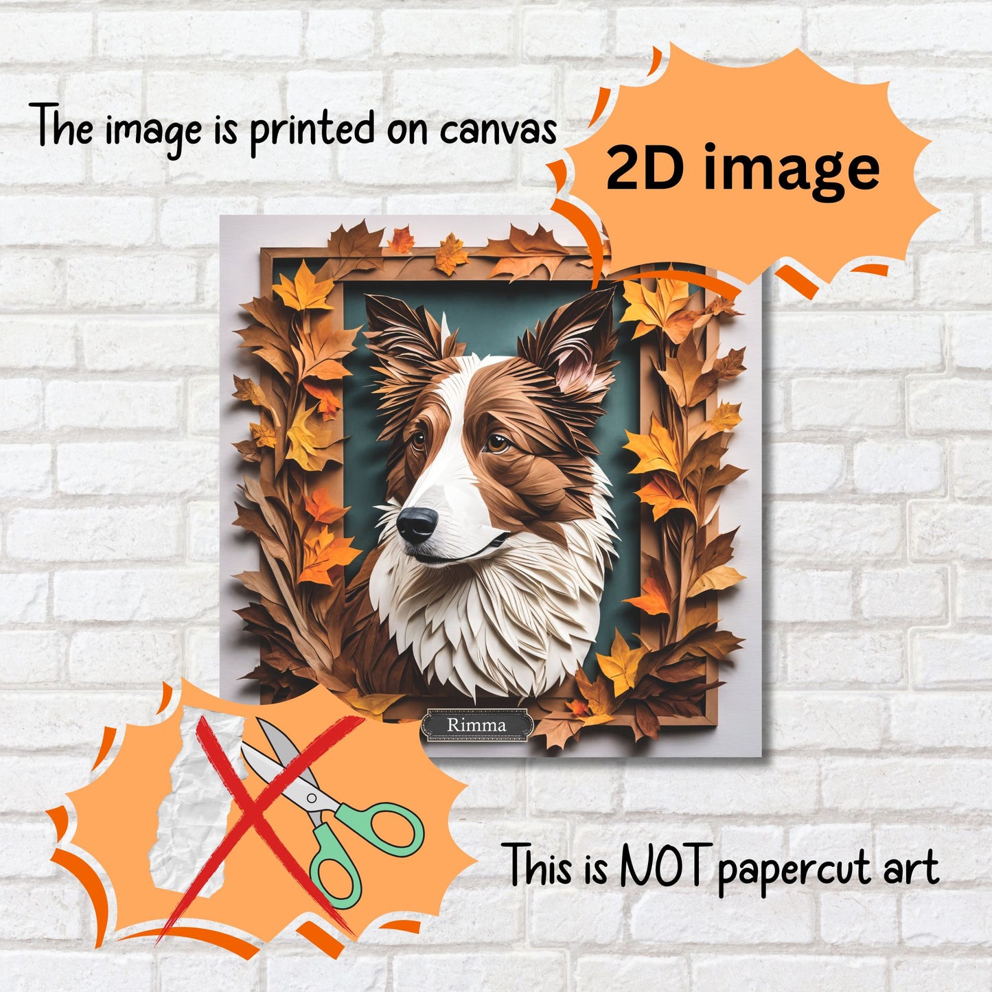 Brown and White Border Collie Fall Art, Canvas Portrait - 3D Illusion Art with Name Personalization