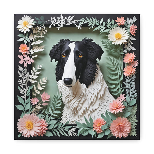 Floral Borzoi Canvas Print – Black & White Dog Portrait with Botanical Frame