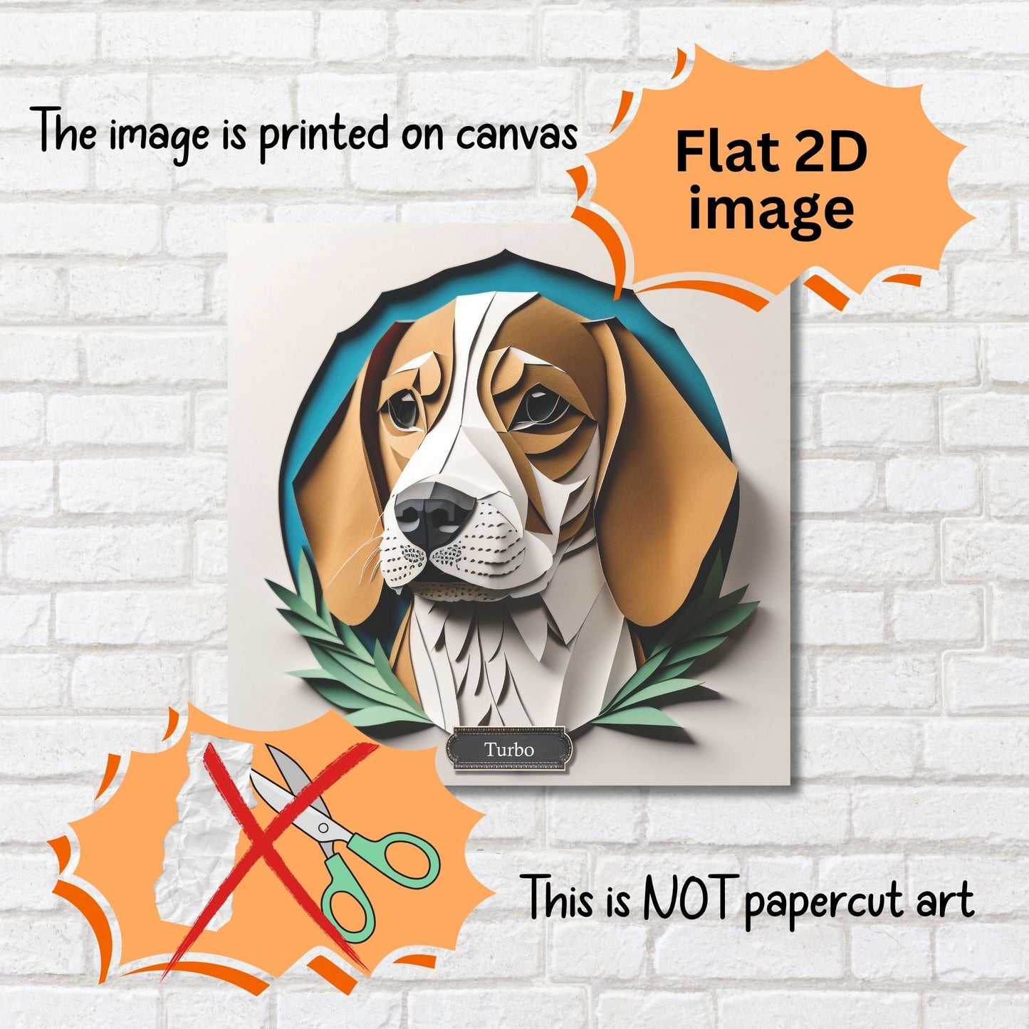 Classic Beagle Canvas Wrap, Beagle Portrait Print Imitating Papercut Art with Name Personalization, Beagle Lover Perfect Gift