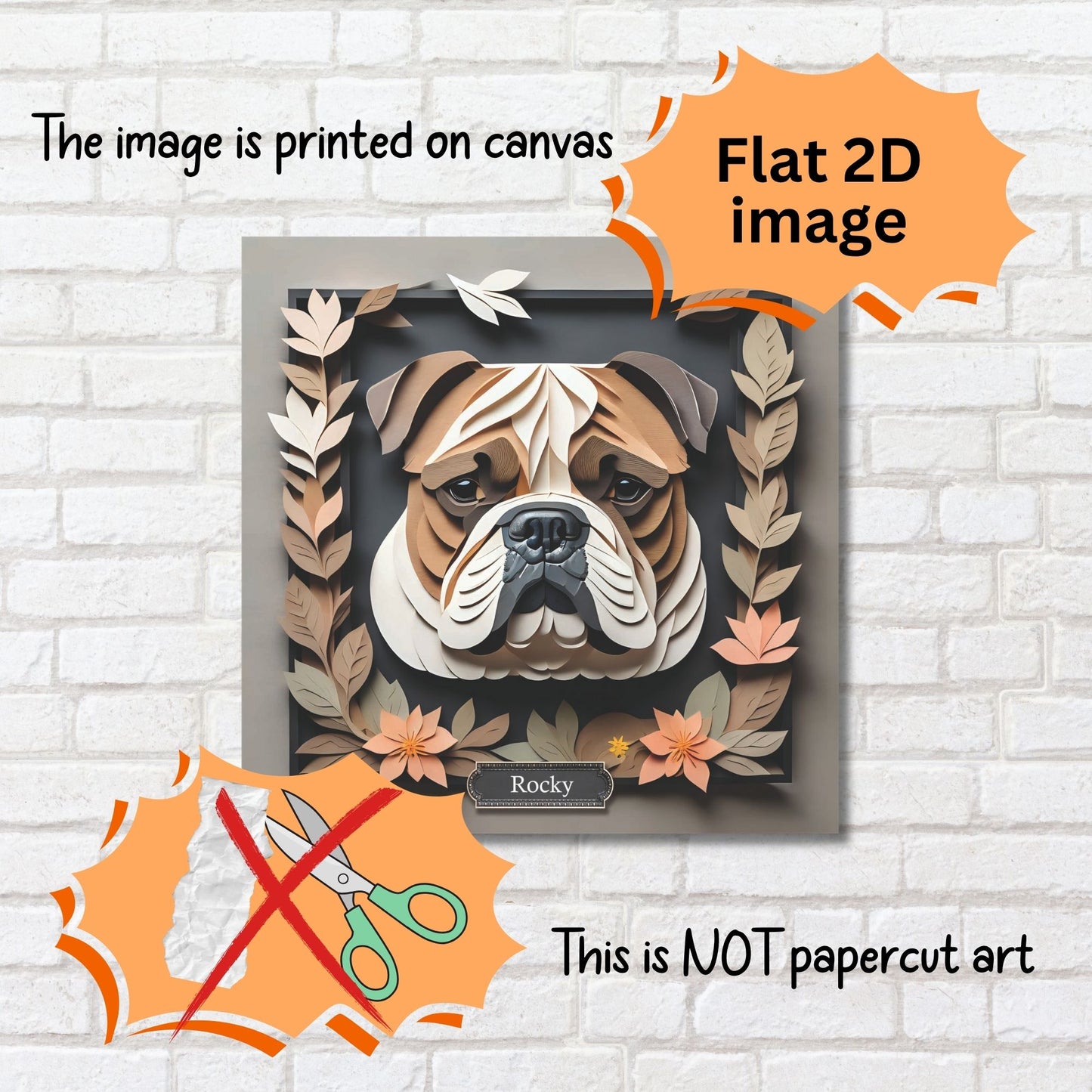3D Illusion English Bulldog Art - Beige & Black Framed Canvas with Pastel Leaves