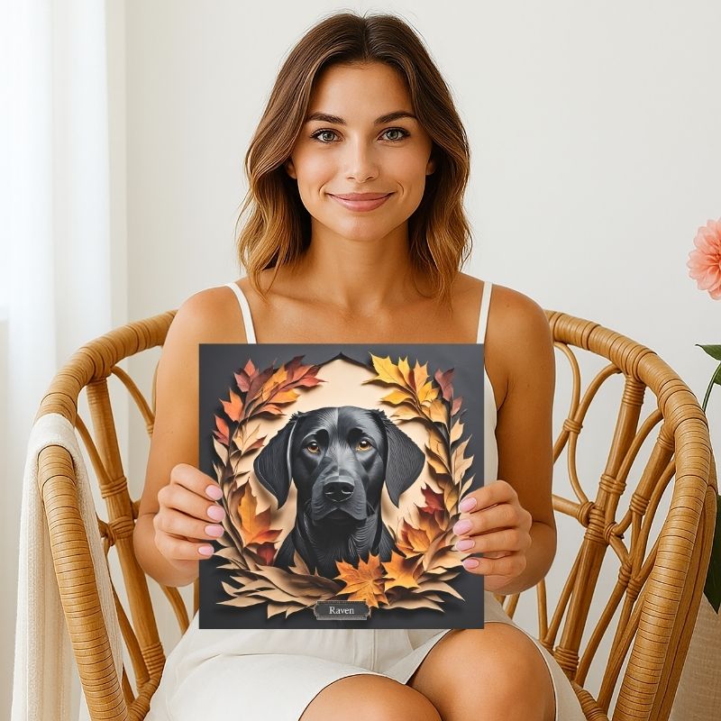 Black Lab Fall Art, Canvas Print 3D Illusion Art with Name Personalization, Labrador Memorial Gift, Best Gift for Lab Mom or Dad