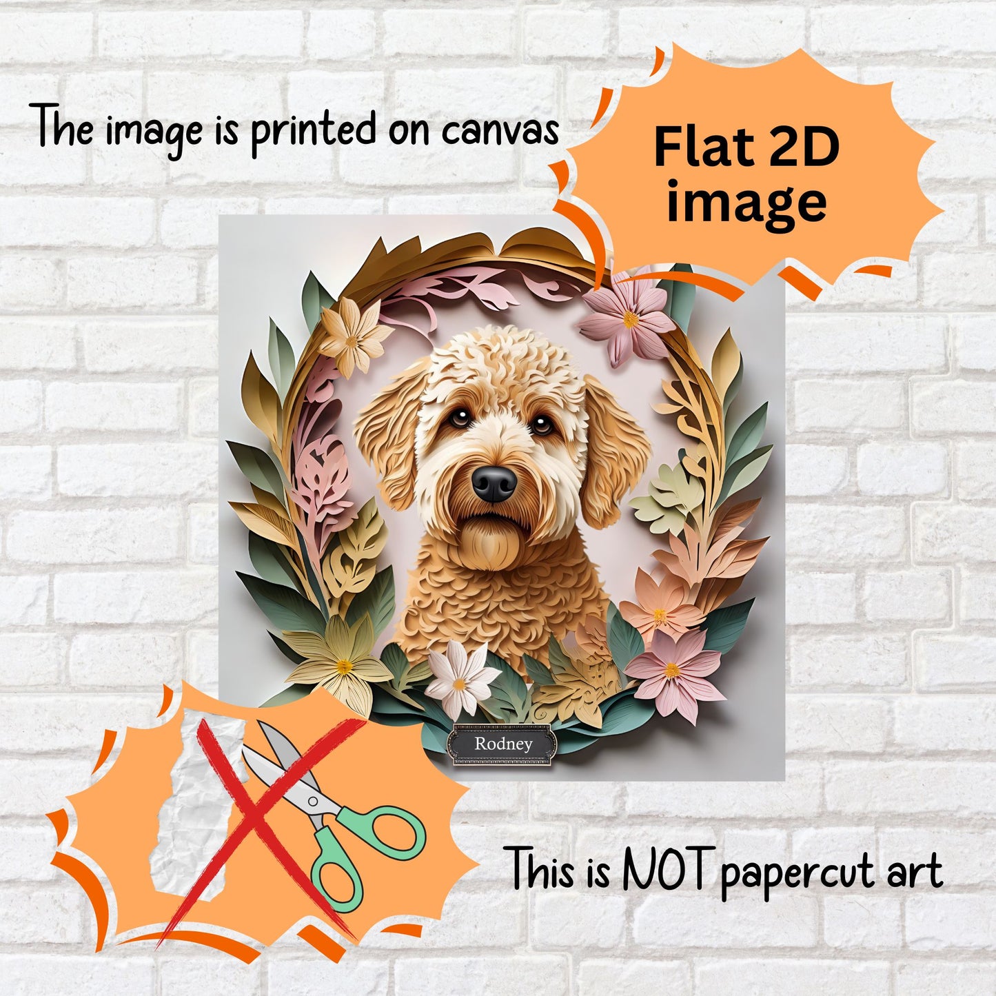 Labradoodle or Golden Doodle Portrait Floral Art -  3D Illusion Canvas Print With Name Personalization