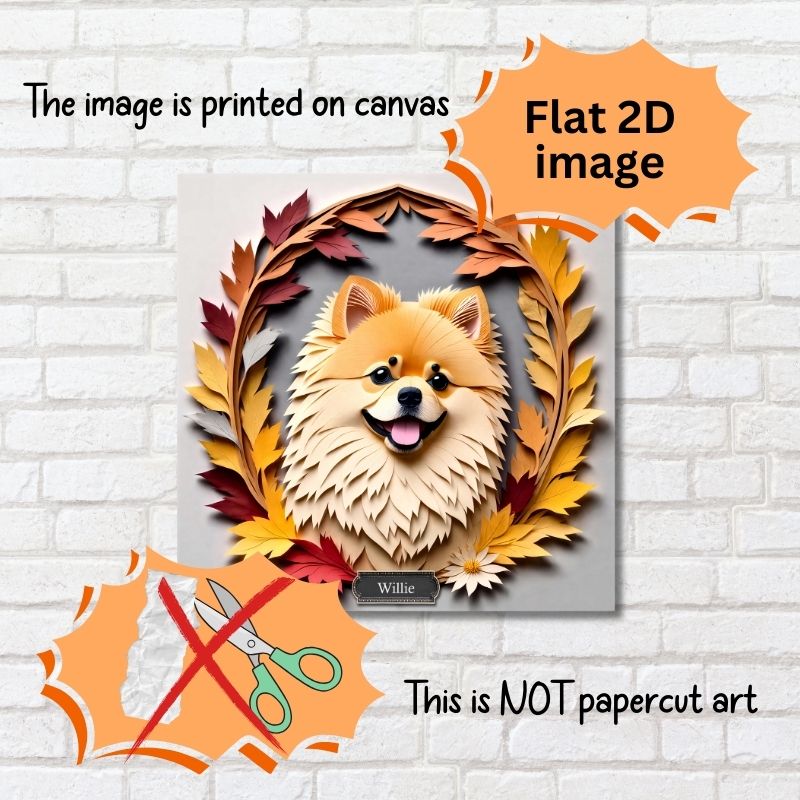 Fluffy Pomeranian with Autumn Leaves Canvas Wall Art - Personalized Faux Papercut Style Print