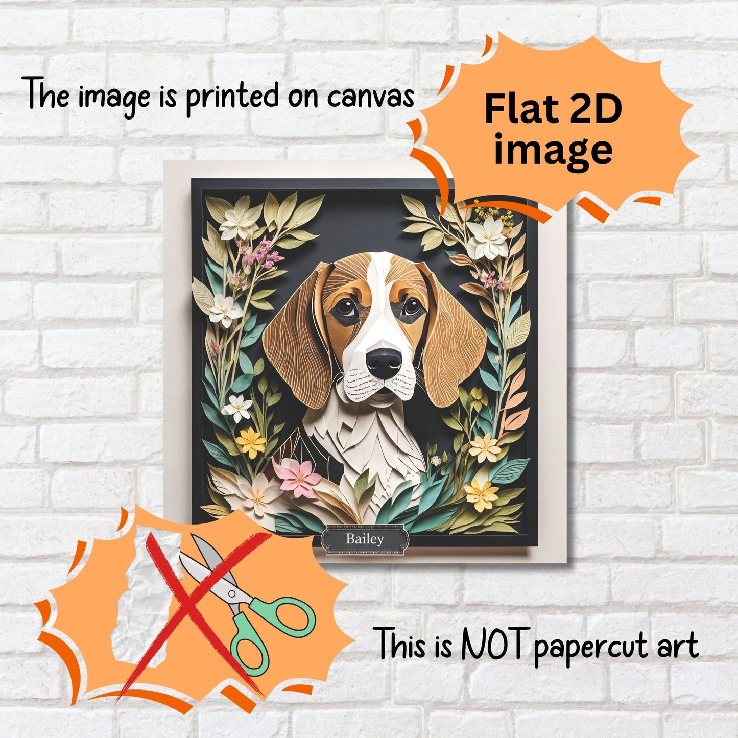Brown Beagle Canvas Wrap, Beagle in Flower Arrangement Portrait Print, Name Personalization Dog Portrait, Beagle Lover Perfect Gift
