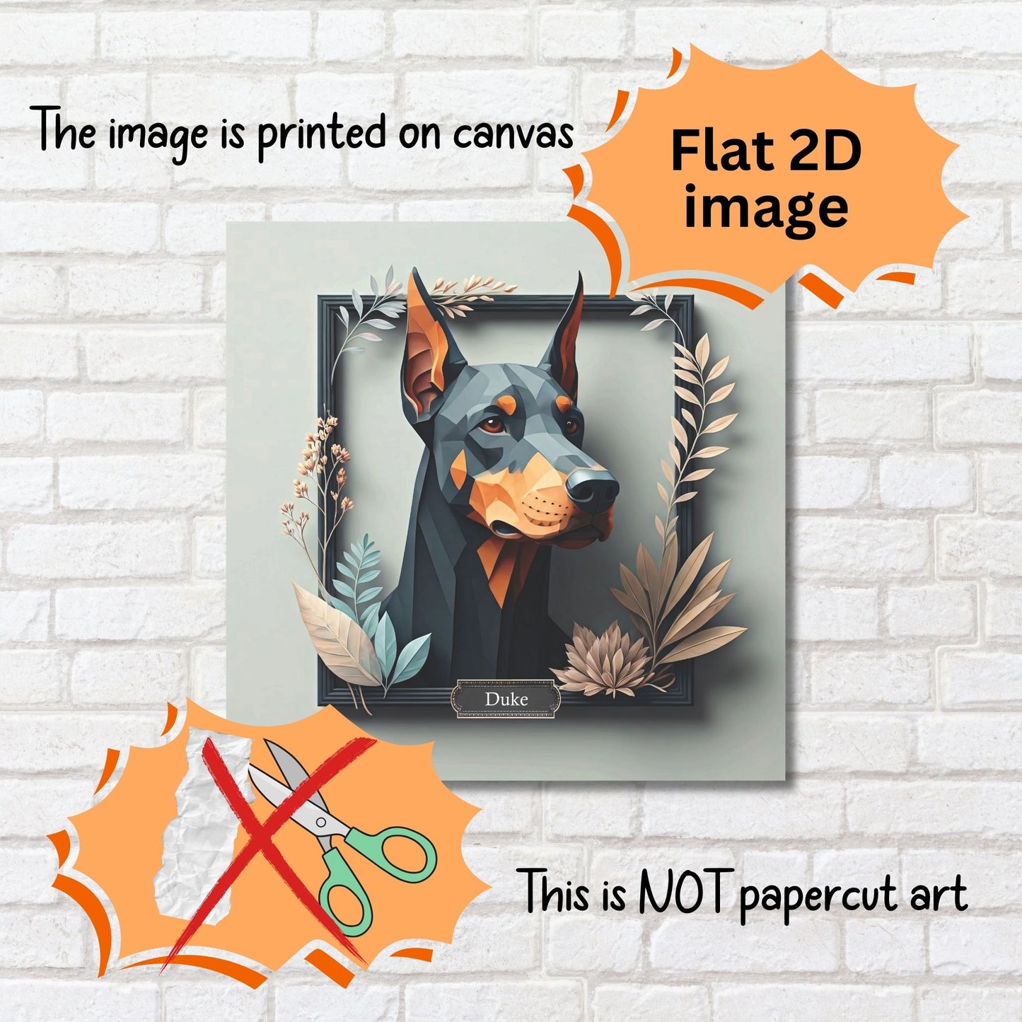Doberman Portrait Wall Art with Botanical Frame - Unique Pet Memorial Home Decor