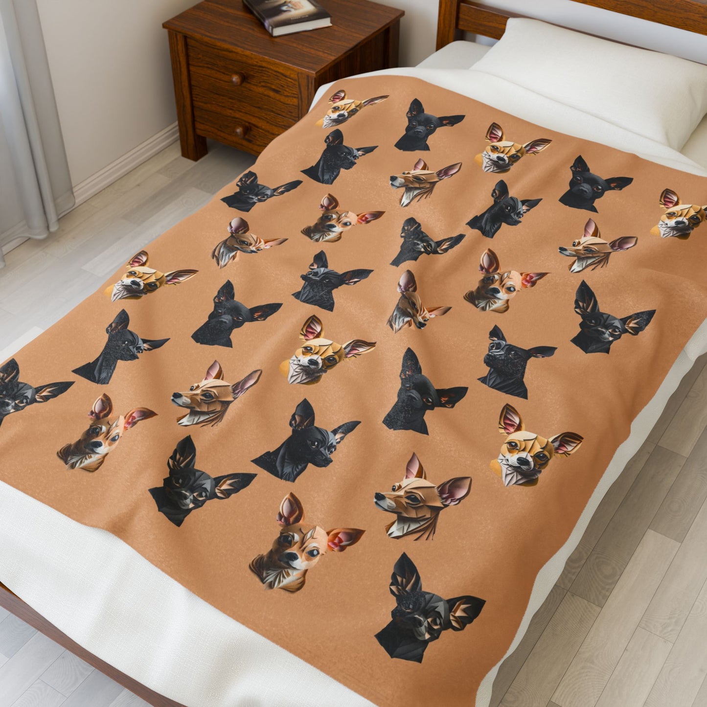 Chihuahua Charm Velveteen Plush Blanket - Fawn and Black Chihuahua Design