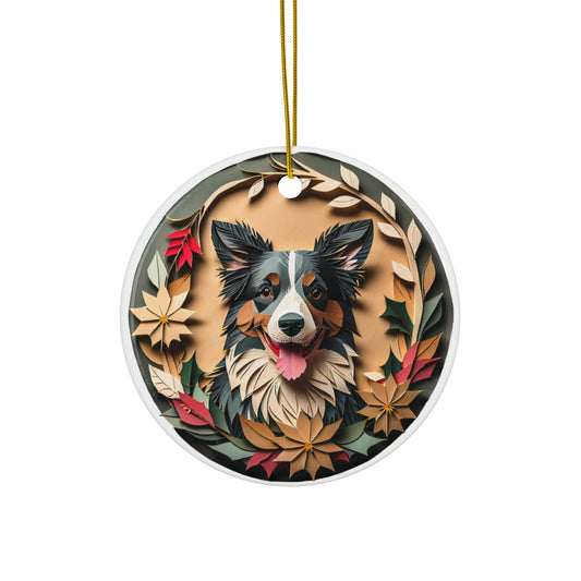 Border Collie Collectible Ceramic Christmas Ornament - Vintage Papercut Inspired Design