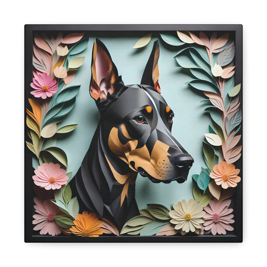 Doberman Canvas Portrait in Faux Black Frame - Dobie Lover Wall Art with Name Personalization