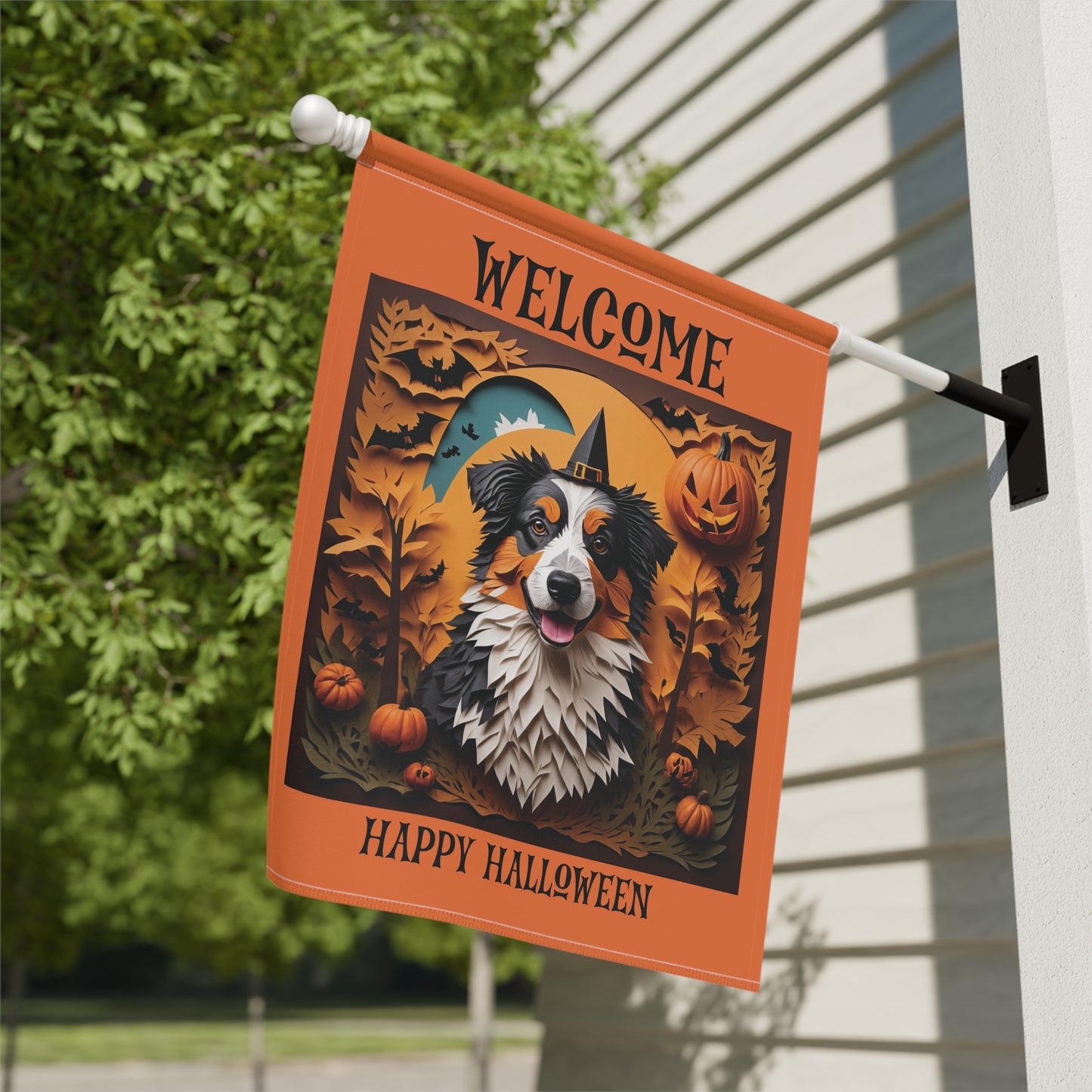 Aussie Halloween Garden Flag, Two-Sided Halloween Flag for Australian Shepherd Owner