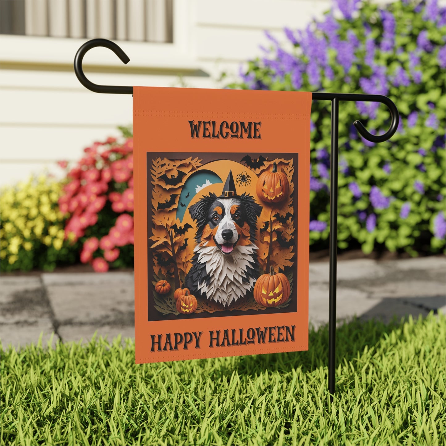 Aussie Halloween Garden Flag, Two-Sided Halloween Flag for Australian Shepherd Owner