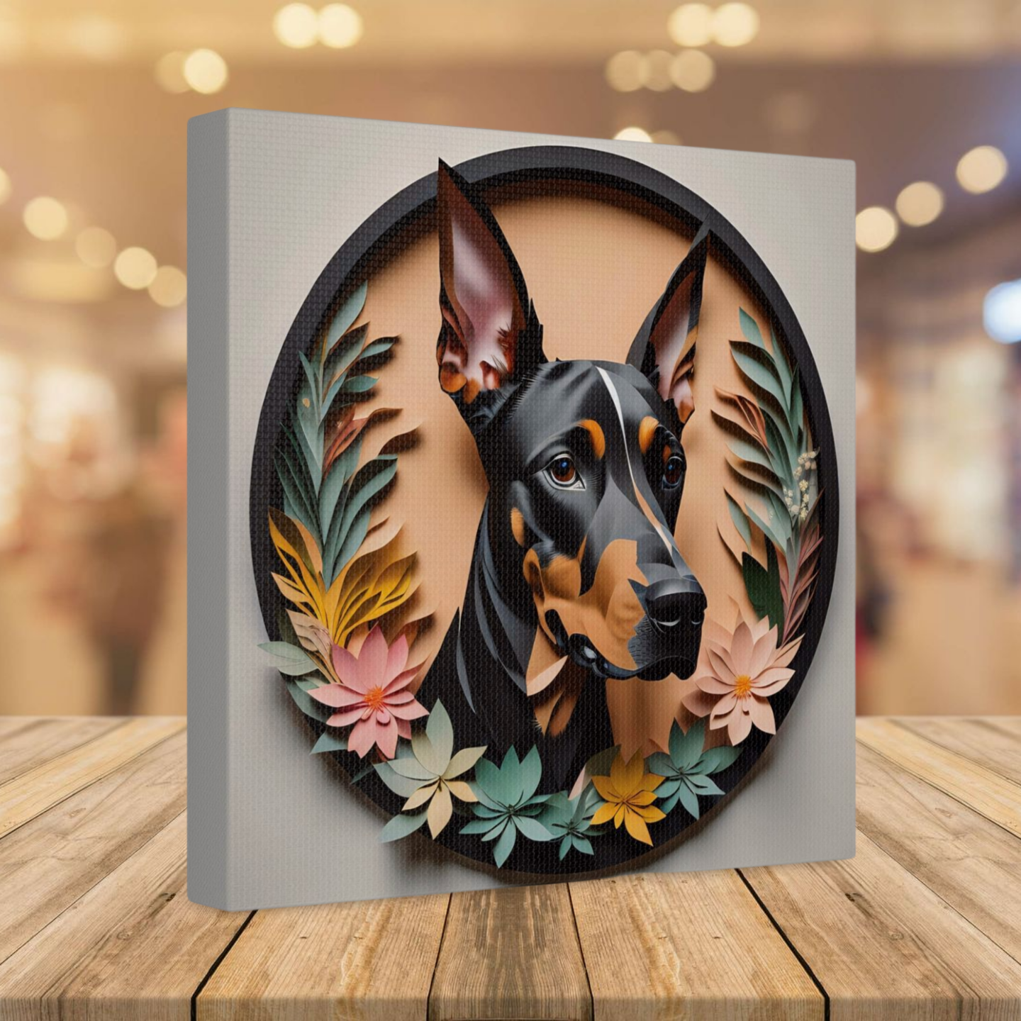 Doberman Portrait in a Circular Black Faux Frame - Dobie Wall Art in Papercut Imitation Style