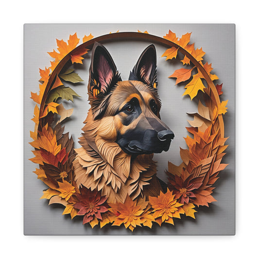 German Shepherd Canvas with Fall Leaves Wreath - Craft Style 3D Illusion Art with Name Personalization