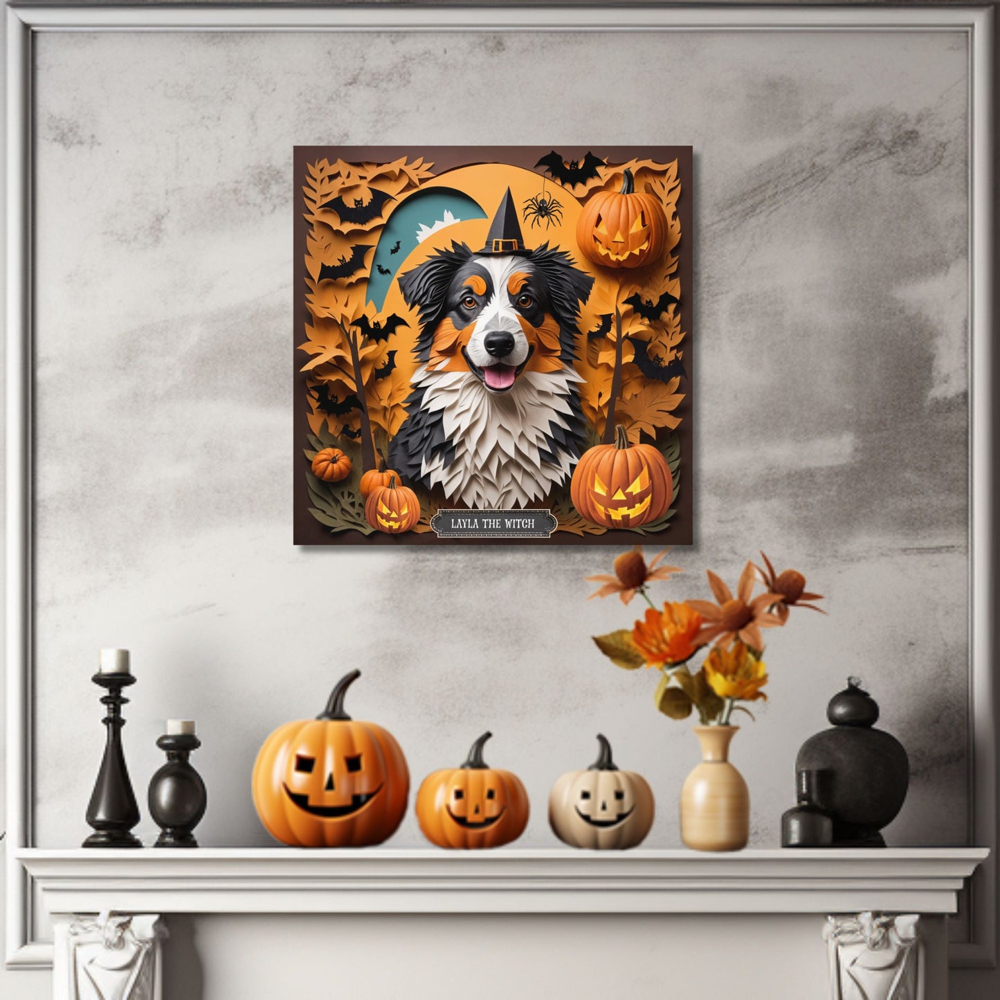 Australian Shepherd in Witch Hat - Personalized Halloween Canvas Print