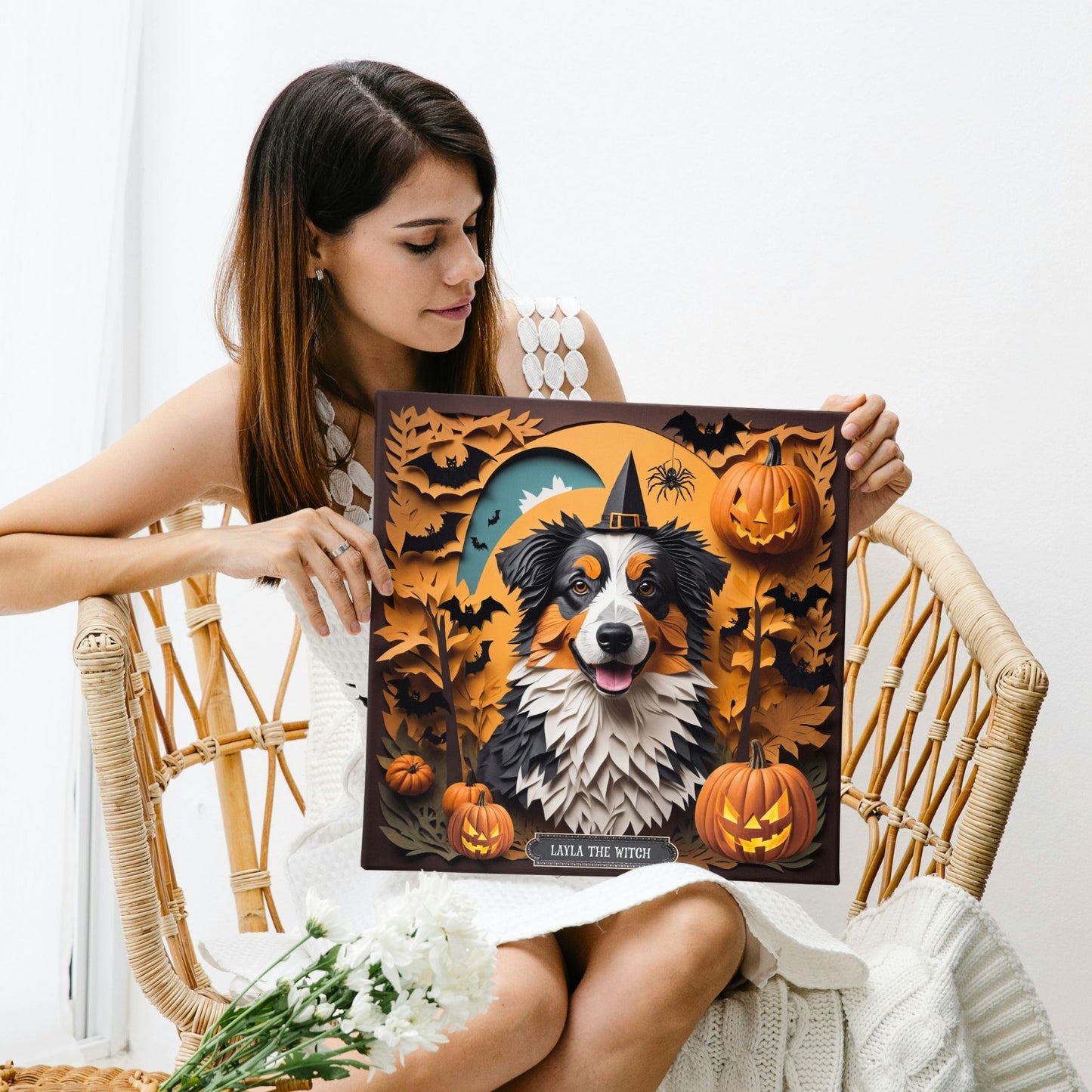 Australian Shepherd in Witch Hat - Personalized Halloween Canvas Print