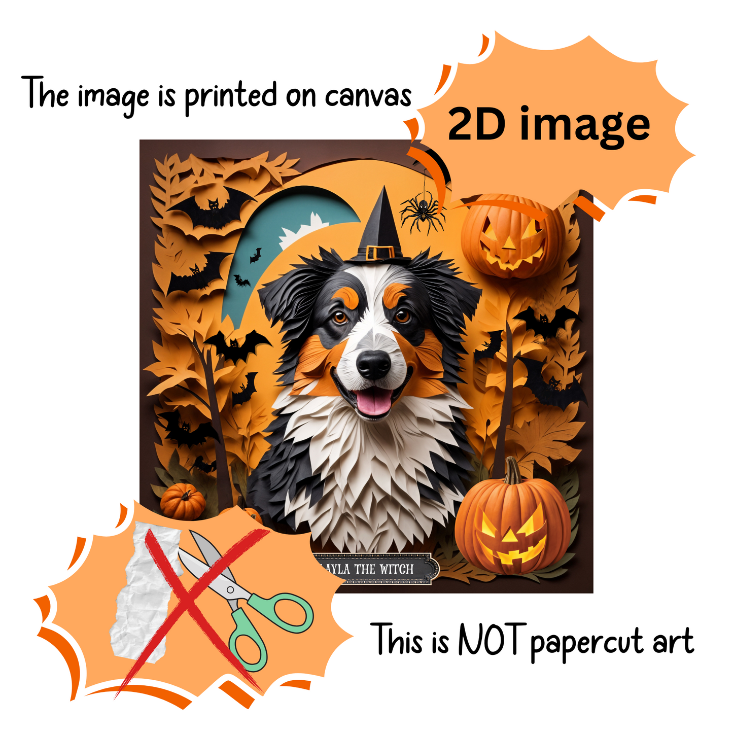 Australian Shepherd in Witch Hat - Personalized Halloween Canvas Print