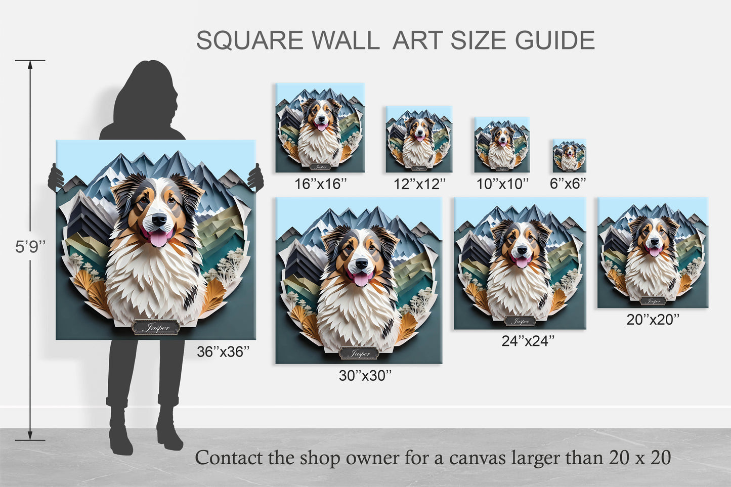 Australian Shepherd Mountain-Themed Portrait, Papercut Imitation Style Aussie Owner Gift