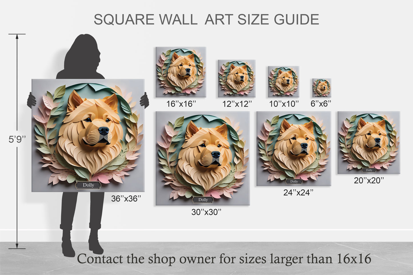 Chow Chow Portrait on Canvas in Pastel Floral Arrangement - Papercut Imitation Dog Lover Wall Art
