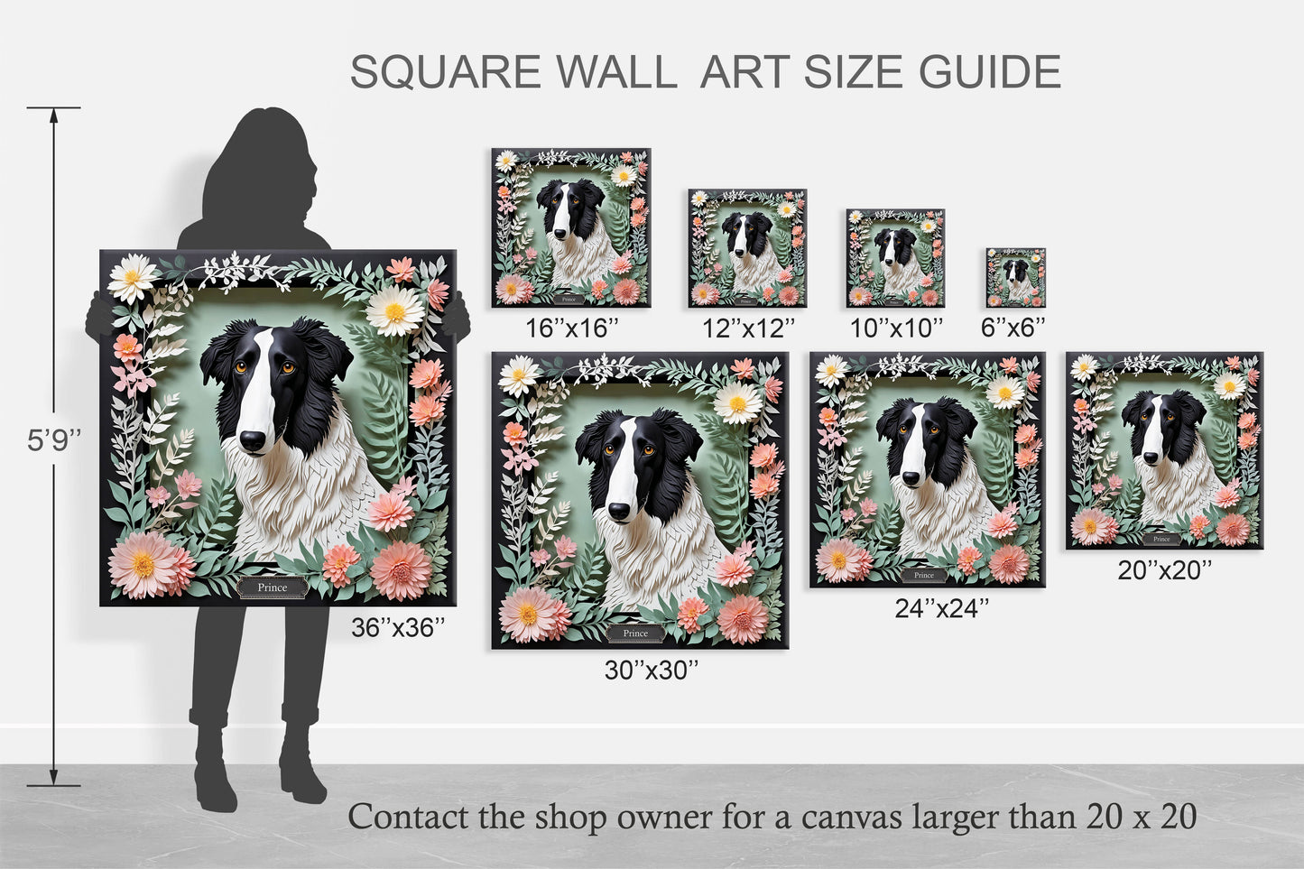 Floral Borzoi Canvas Print – Black & White Dog Portrait with Botanical Frame