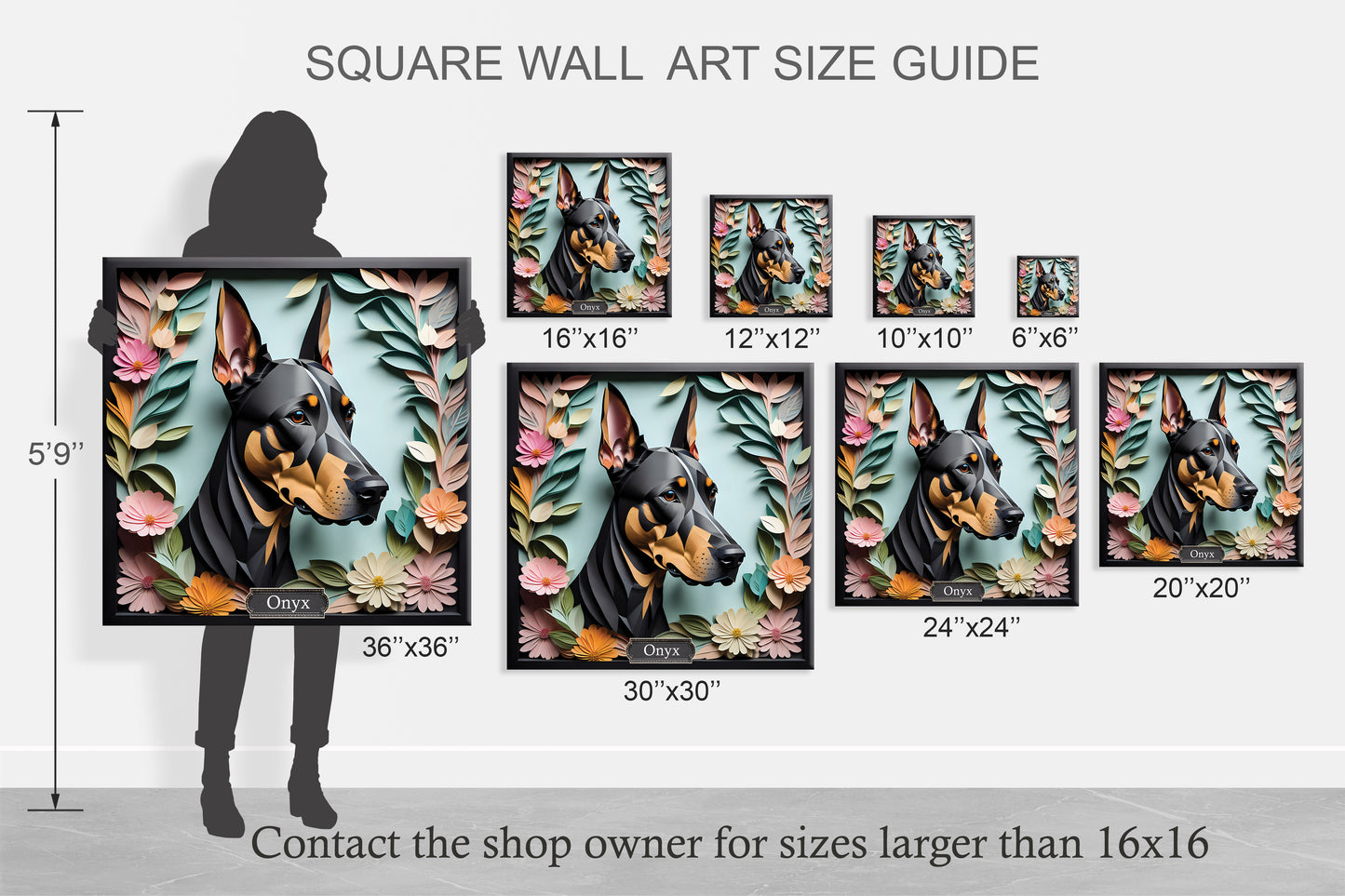 Doberman Canvas Portrait in Faux Black Frame - Dobie Lover Wall Art with Name Personalization