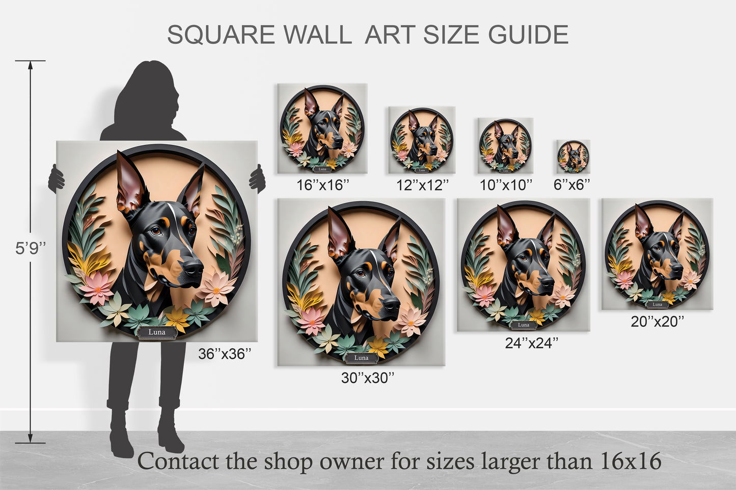 Doberman Portrait in a Circular Black Faux Frame - Dobie Wall Art in Papercut Imitation Style
