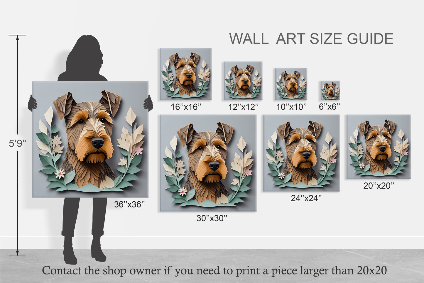 Airedale Terrier 3D Illusion Portrait on Gray Background