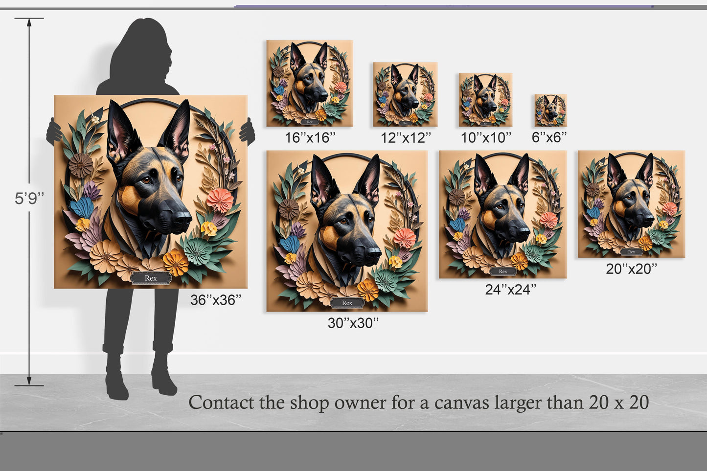 Belgian Malinois Canvas Art, Vintage Papercut Imitation Design
