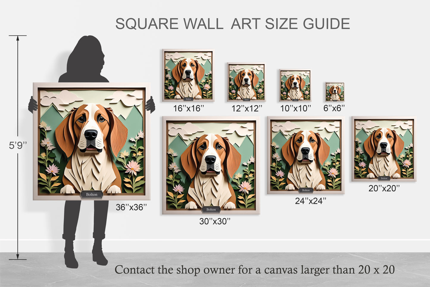 Basset Hound 3D Illusion Print Wall Art - Personalized Dog Name Canvas
