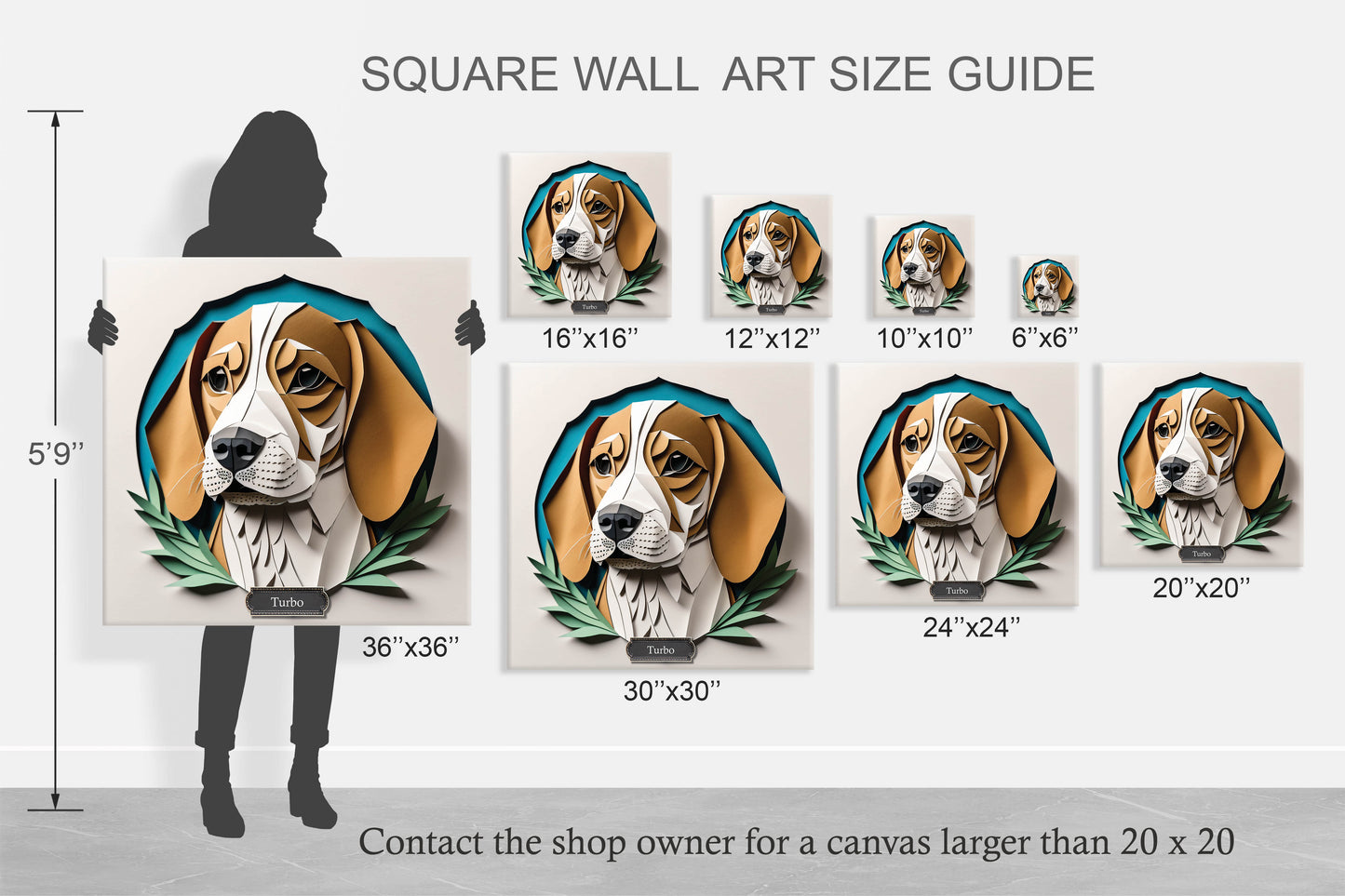 Classic Beagle Canvas Wrap, Beagle Portrait Print Imitating Papercut Art with Name Personalization, Beagle Lover Perfect Gift