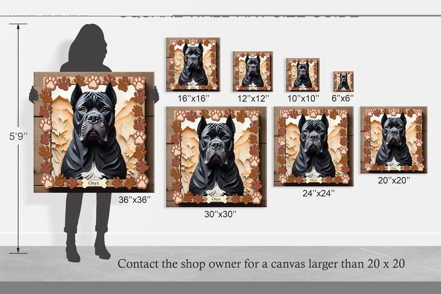 Black Cane Corso Paw Print Portrait - 3D Illusion Canvas Print - Cane Corso Mom or Dad Gift