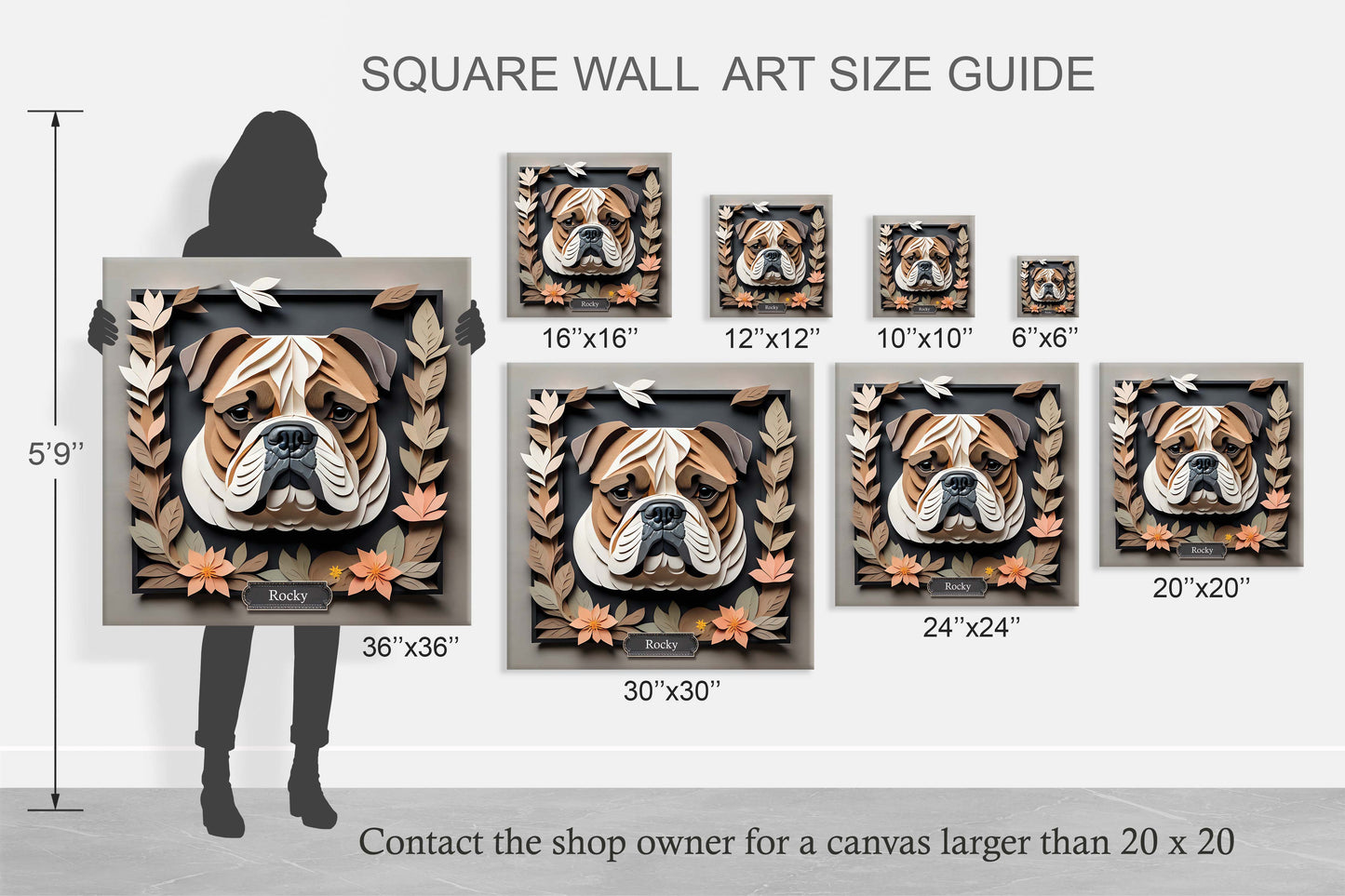 3D Illusion English Bulldog Art - Beige & Black Framed Canvas with Pastel Leaves