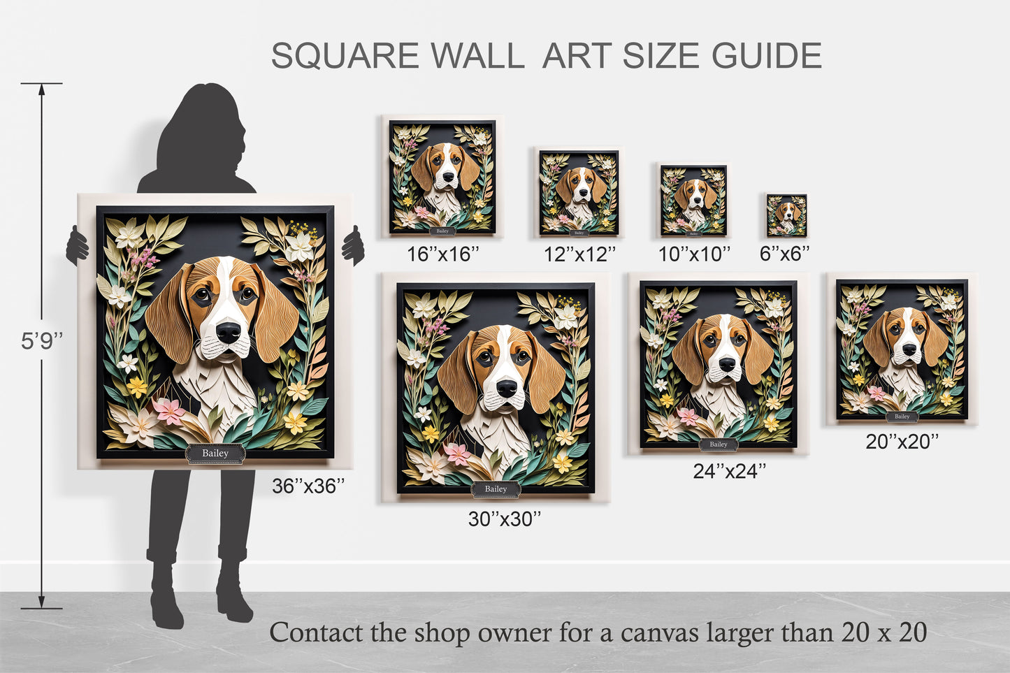 Brown Beagle Canvas Wrap, Beagle in Flower Arrangement Portrait Print, Name Personalization Dog Portrait, Beagle Lover Perfect Gift