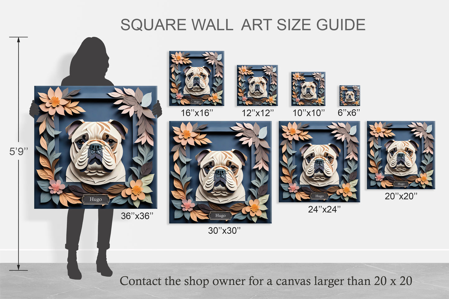 Charming Faux Papercut Bulldog Canvas on Navy Background- 3D Illusion Floral Decor