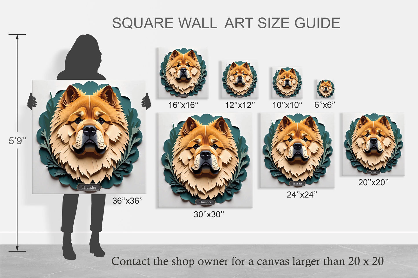 Chow Chow Leafy Green Scalloped Background Wall Art - Personalized Pet Name Canvas