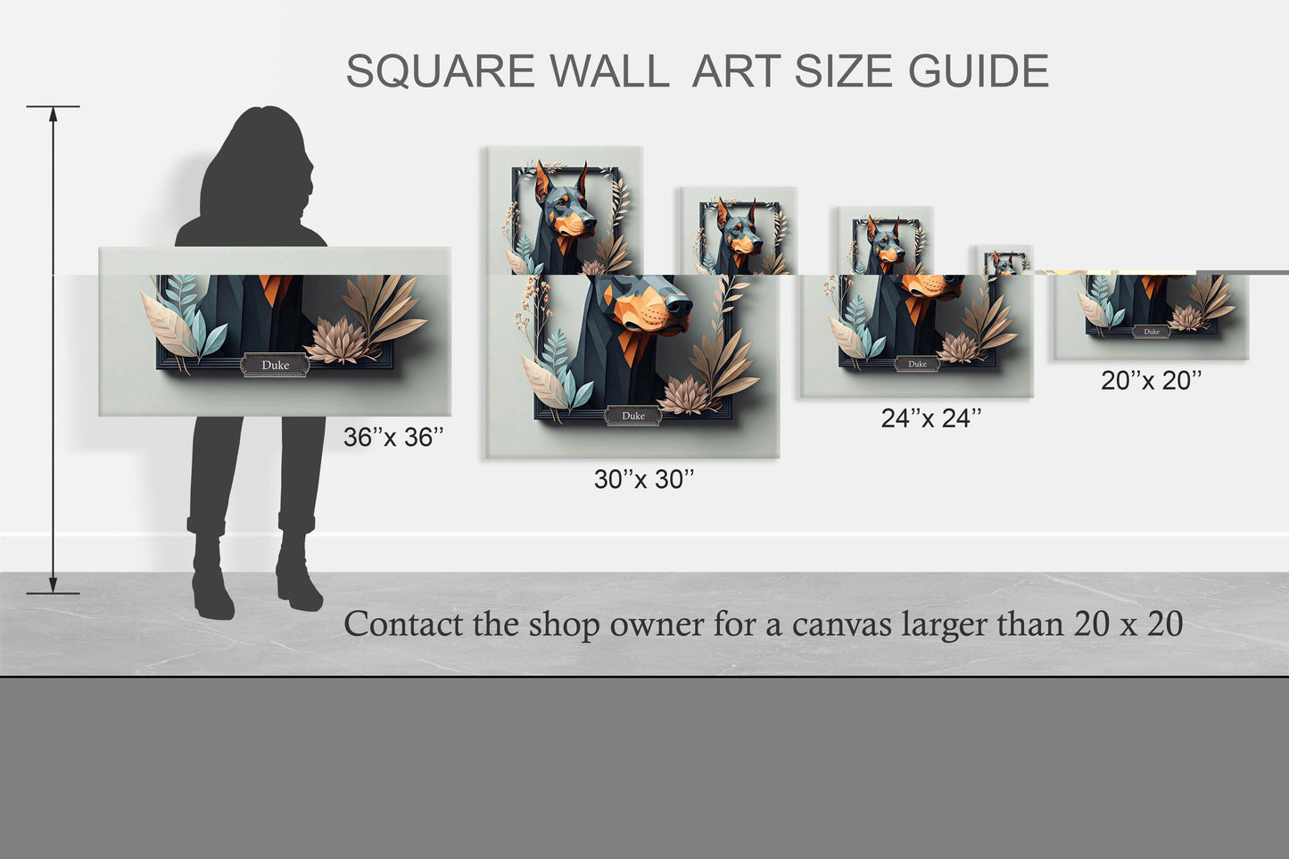 Doberman Portrait Wall Art with Botanical Frame - Unique Pet Memorial Home Decor